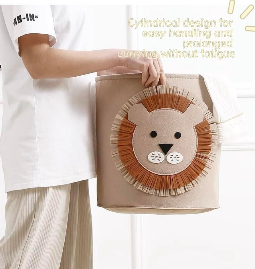 35L Large Capacity Felt Storage Basket, Laundry Basket, Cute Lion Design Laundry Hamper, Foldable Toy Storage Bin for Kids Room, Nursery, Closet, Durable Organizer for Clothes, Toys, Blankets
