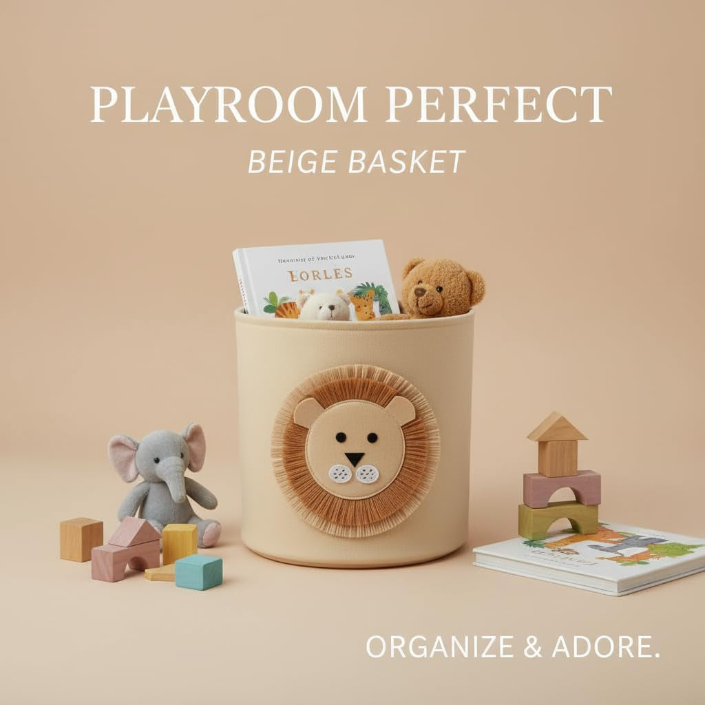 35L Large Capacity Felt Storage Basket, Laundry Basket, Cute Lion Design Laundry Hamper, Foldable Toy Storage Bin for Kids Room, Nursery, Closet, Durable Organizer for Clothes, Toys, Blankets
