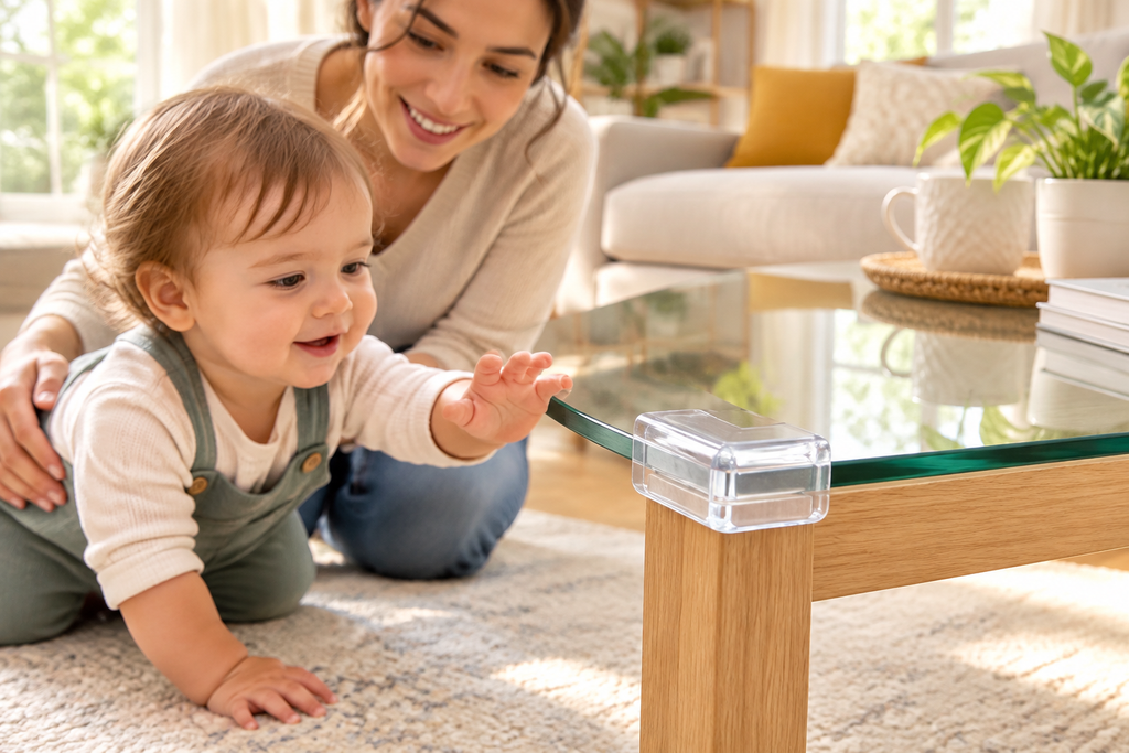 Silicone corner guard on a glass tea table with a parent and toddler nearby