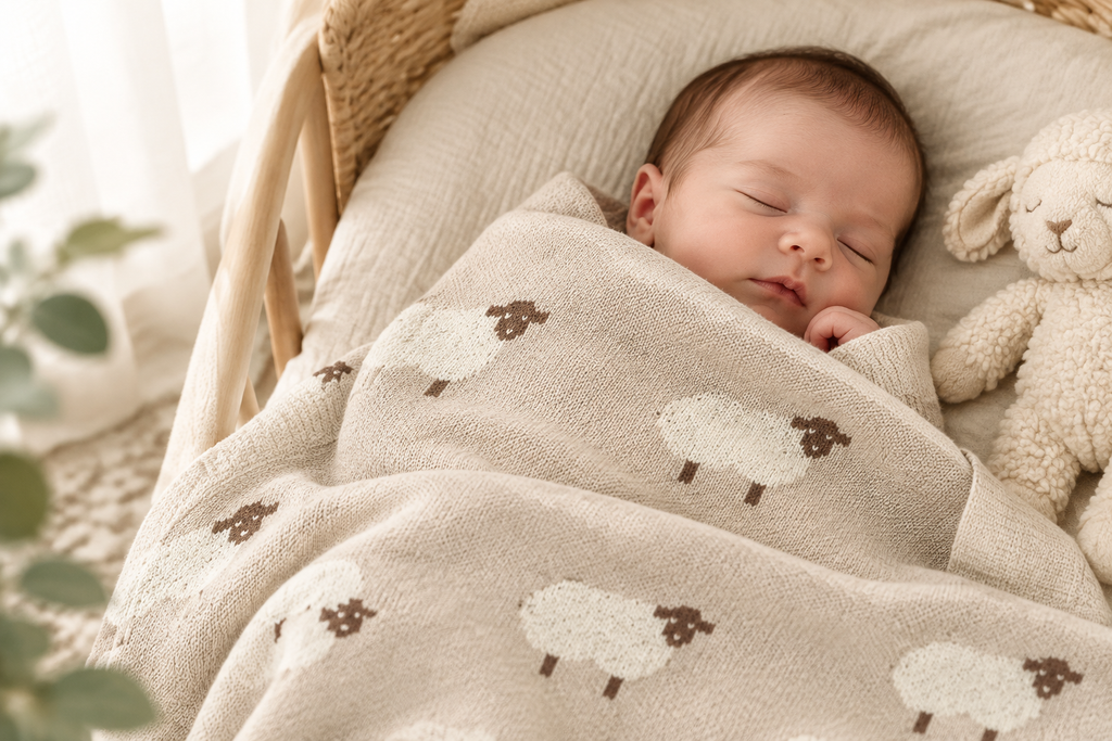 Newborn baby sleeping wrapped in beige knitted cotton blanket with sheep pattern