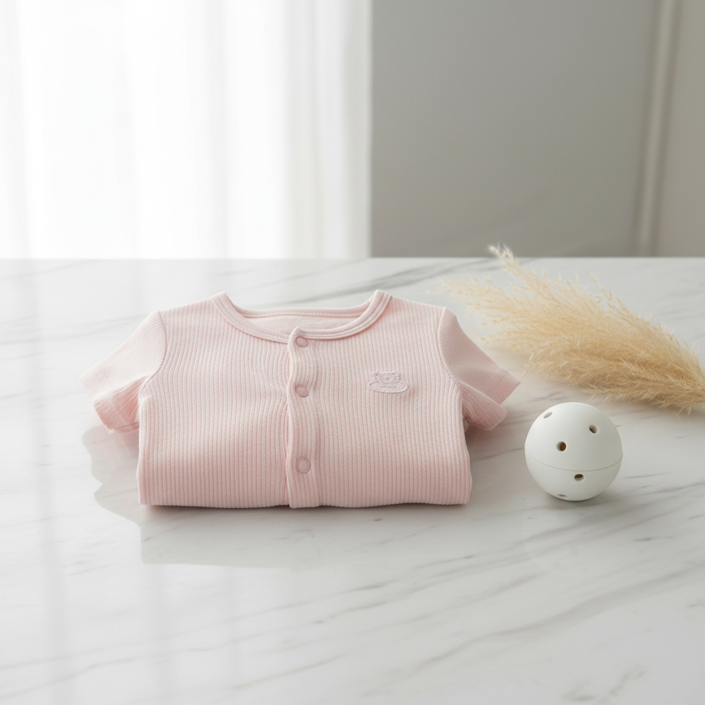 Blush pink baby romper folded on marble surface with ceramic rattle and dried pampas grass