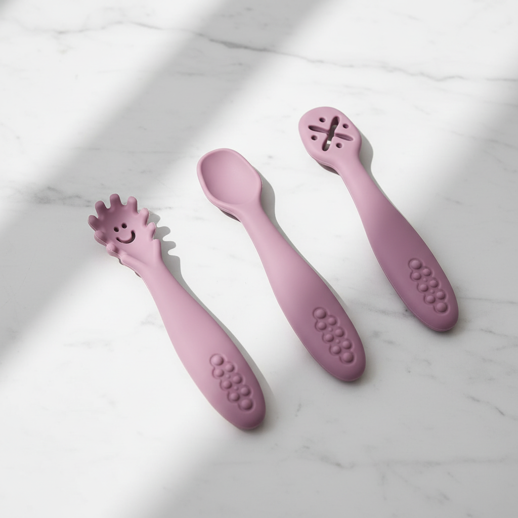 Set of 3 silicone baby spoons in powder rose lifestyle shot