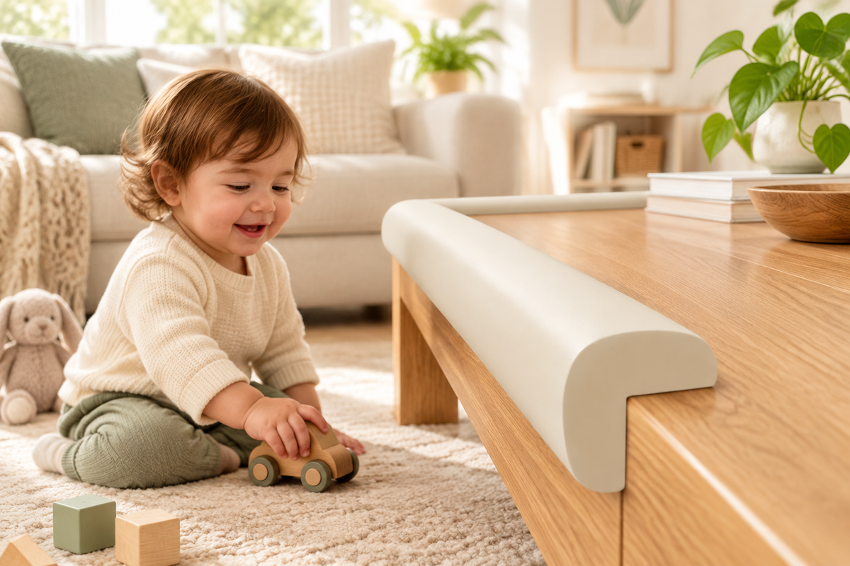 Soft foam edge bumper strip on a coffee table with a toddler playing safely nearby