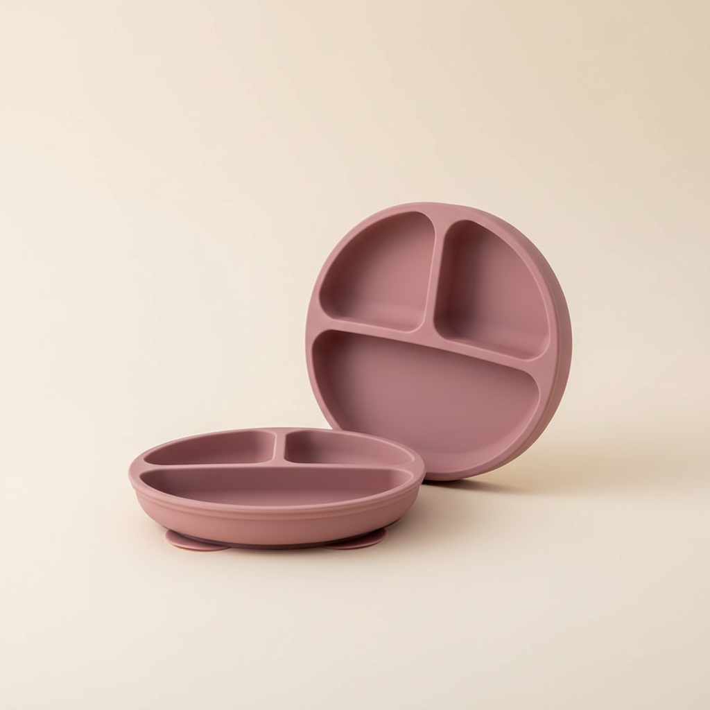 Round silicone divided baby suction plate in dusty pink showing compartments and suction base