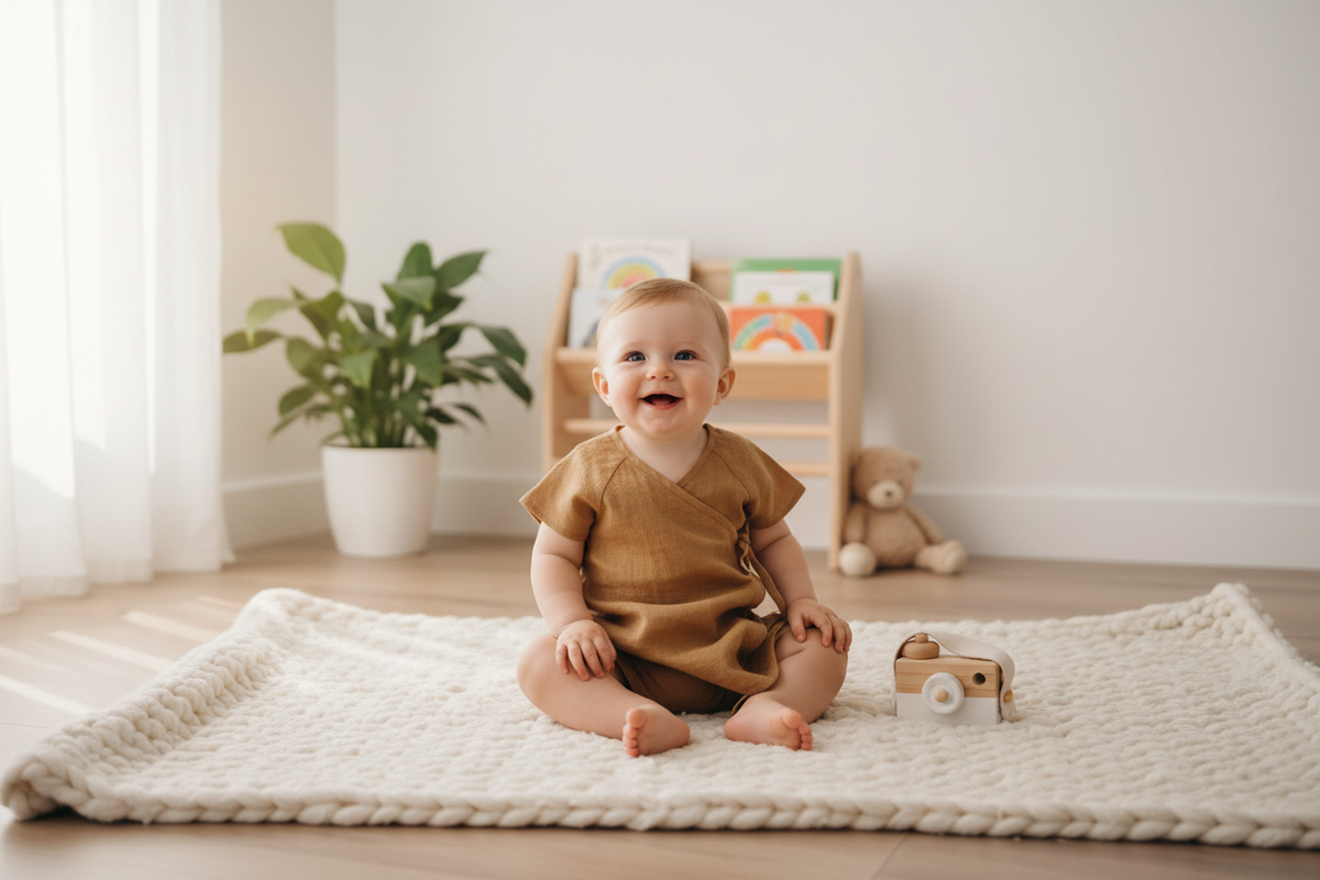 Happy baby wearing golden tan linen romper on cream chunky knit blanket