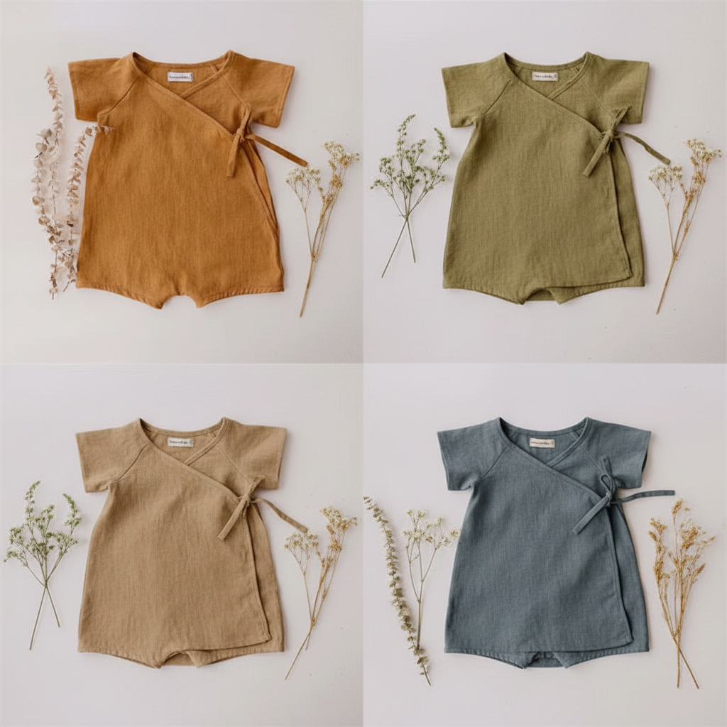 Four linen baby rompers in tan, army green, khaki and blue-grey arranged in flat lay