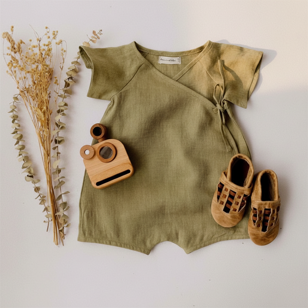 Army green linen baby romper with dried flowers and wooden toy