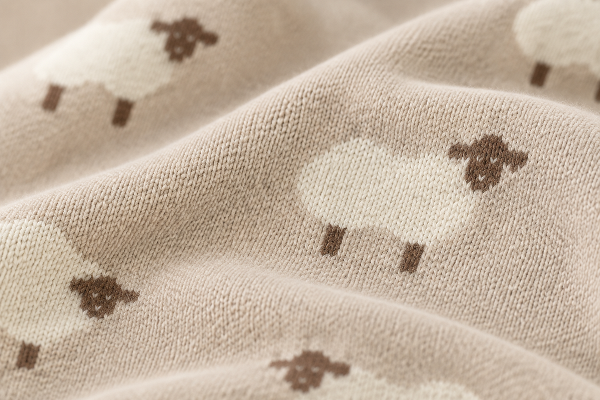Close up of soft knit texture and sheep pattern stitching on baby blanket