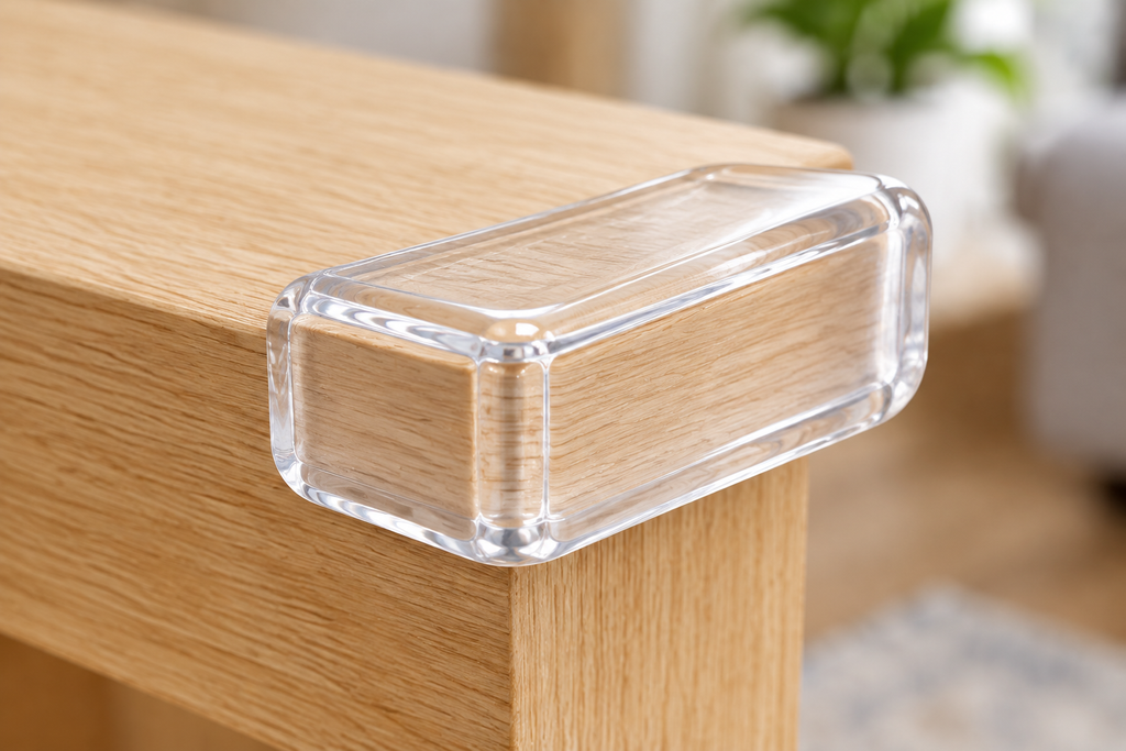 Close up of clear silicone corner guard on a wooden table edge