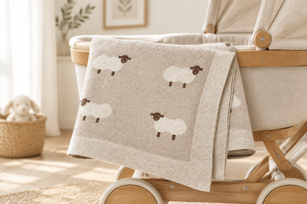 Beige knitted cotton baby blanket draped over a stroller