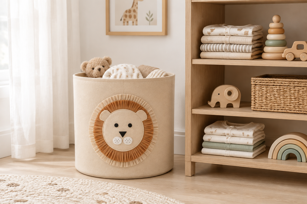 Beige felt lion storage basket next to a nursery shelf with folded clothes and wooden toys