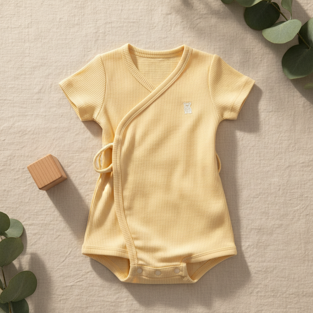 Lemon yellow baby romper laid flat on linen with wooden toy block and eucalyptus