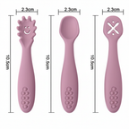 Baby spoon set dimensions showing all 3 spoon types: 2.3cm wide, 10.5cm long