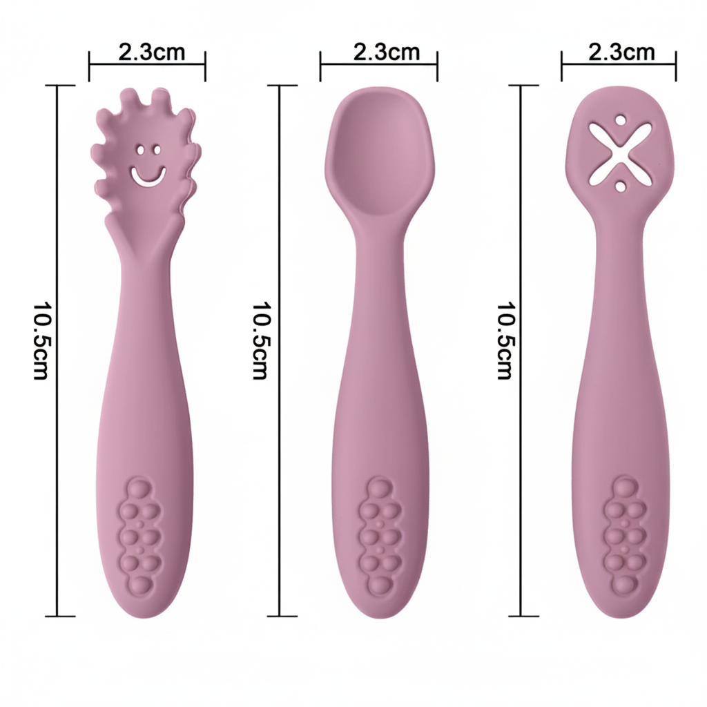 Baby spoon set dimensions showing all 3 spoon types: 2.3cm wide, 10.5cm long