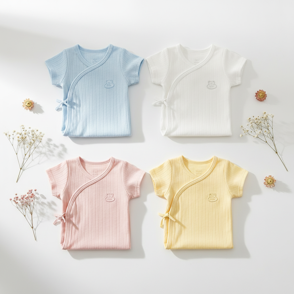 Four baby rompers in sky blue, white, blush pink and lemon yellow arranged in flat lay