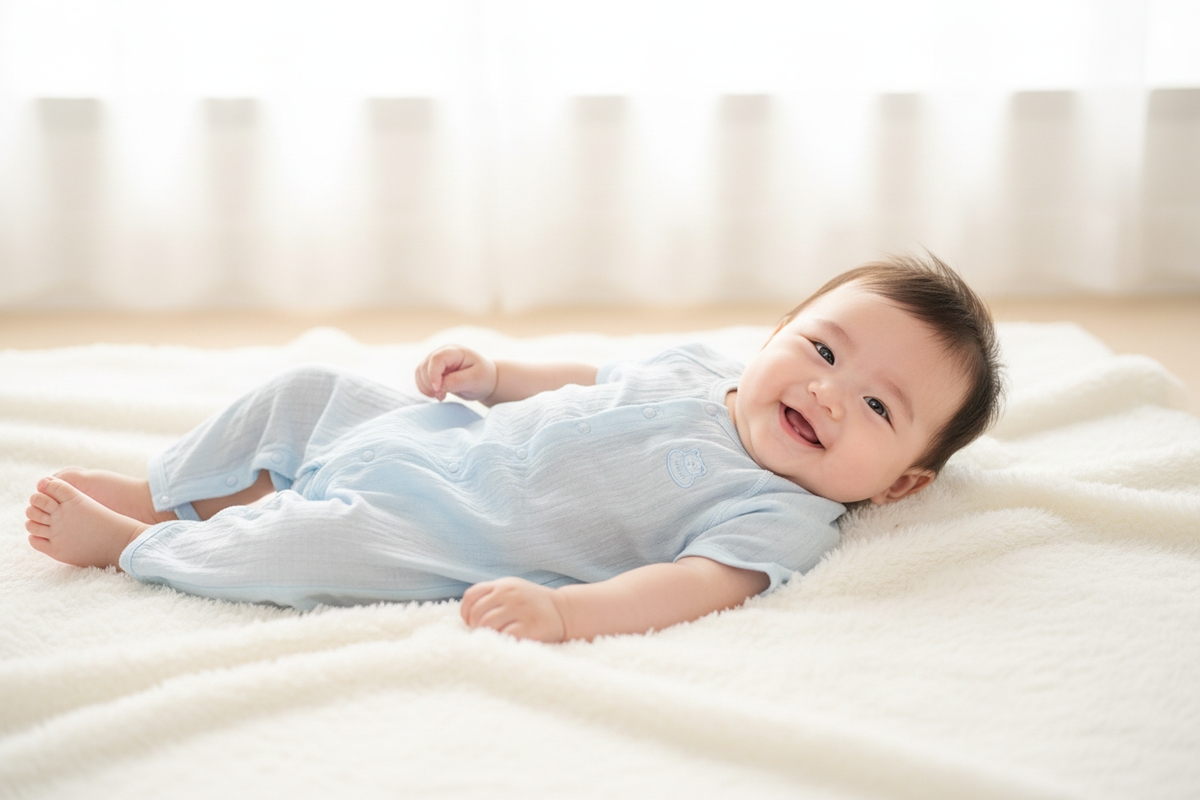 Happy baby wearing sky blue cotton romper lying on white fluffy blanket