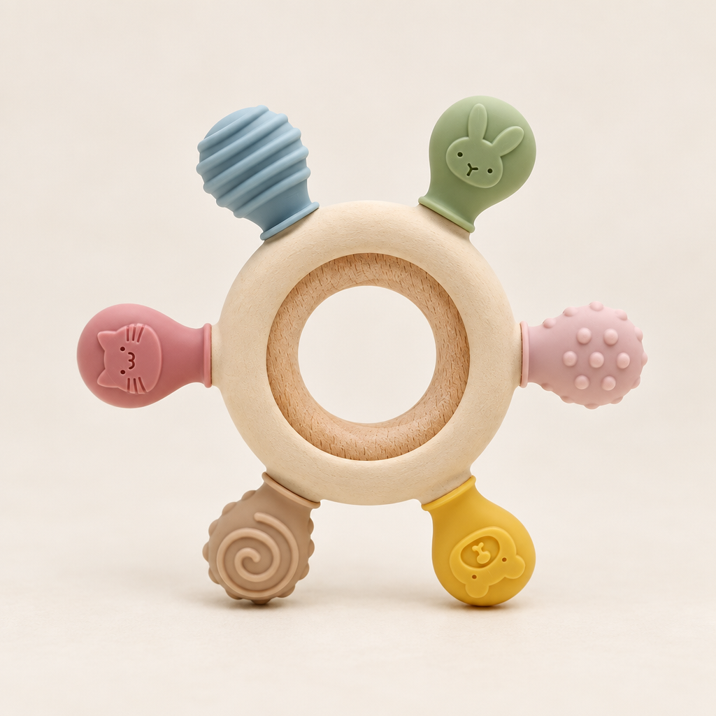 Wooden ring silicone teether toy with pastel animal shapes on a neutral background