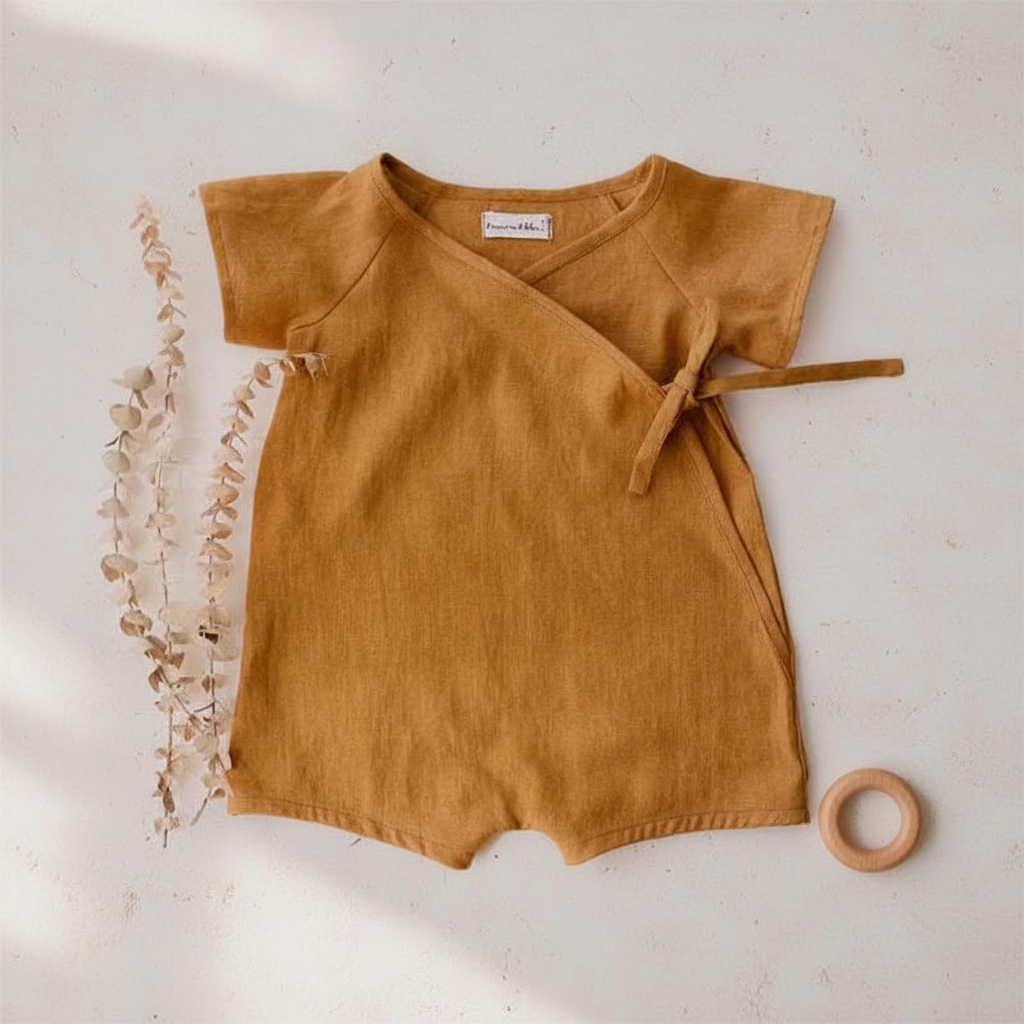 Golden tan linen baby romper flat lay with pampas grass and wooden ring toy