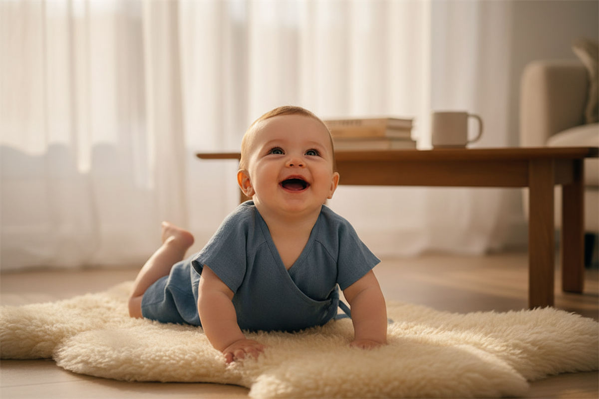 Happy baby wearing blue-grey linen romper on sheepskin rug in sunlit living room