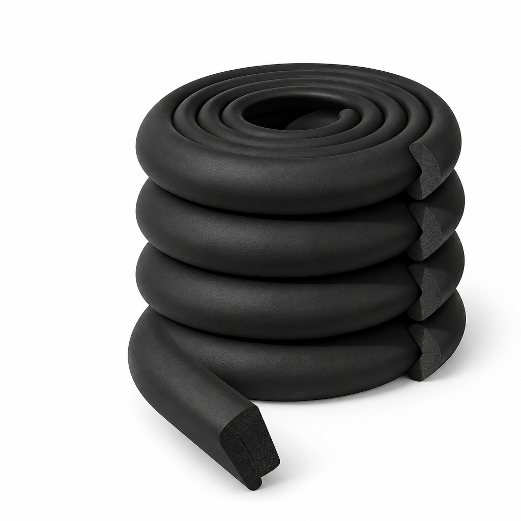 Coiled soft foam edge bumper strip in black on a white background