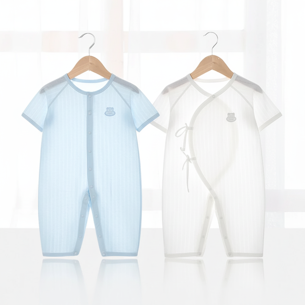 Sky blue and white baby rompers hanging on wooden hangers