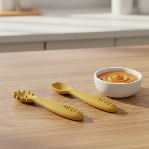 Set of 3 silicone baby spoons in mustard yellow on oak wood surface