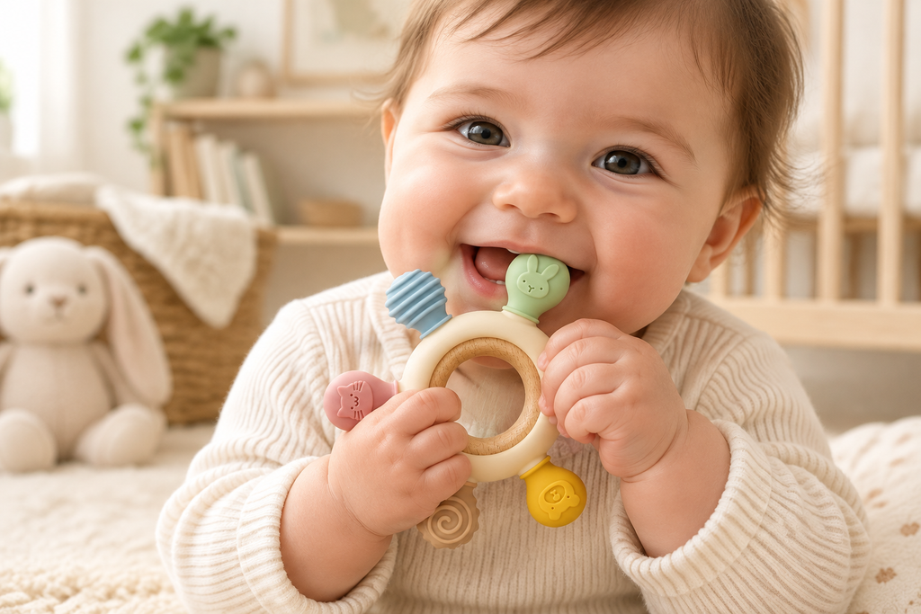 Baby holding and chewing a wooden ring silicone teether toy with pastel animal shapes