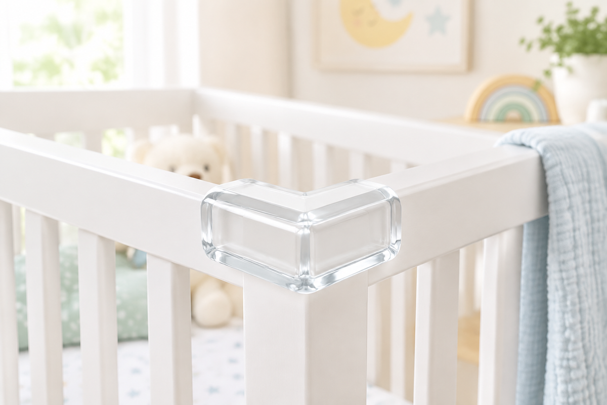 Clear silicone corner guard installed on a white nursery crib corner
